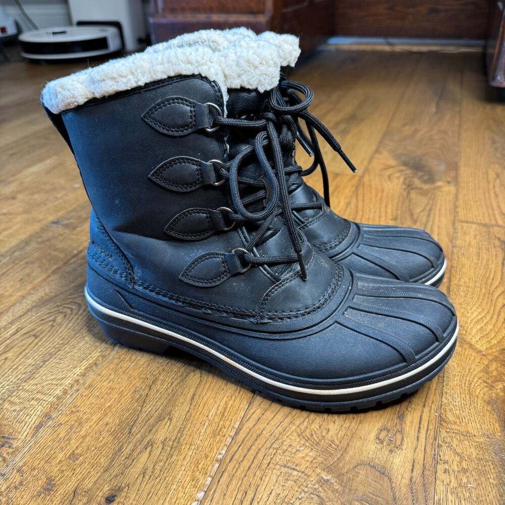 Crocs Allcast II Black Leather Duck Boots 203430 Womens Sz 8 Sherpa Lined